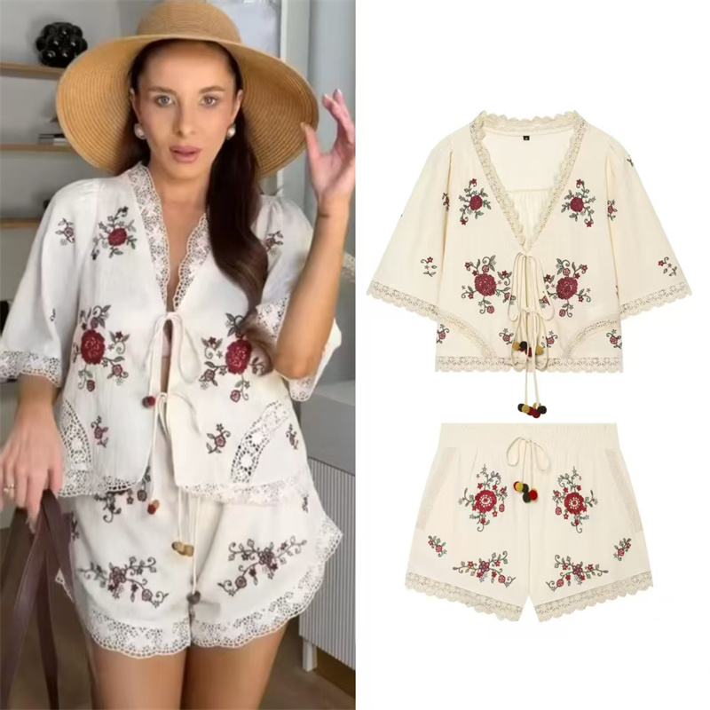 Embroidery Cardigan - Letni damski komplet 2026: beżowy, haftowany