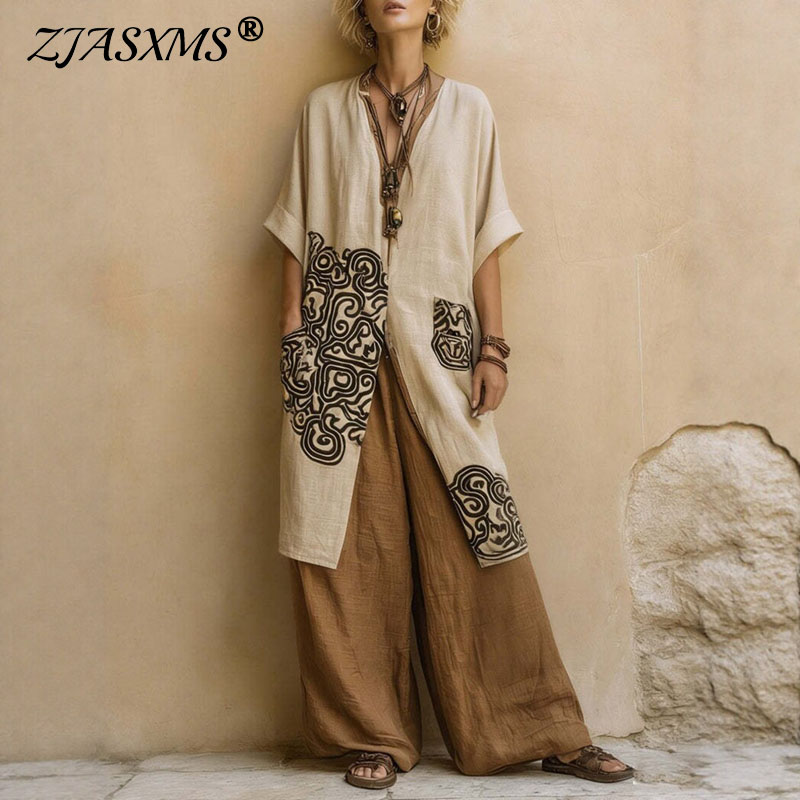 Embroidery Class - Boho Kimono z otwartym przodem, geometryczny