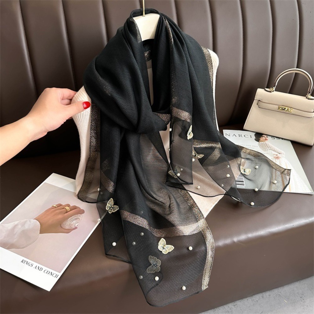 Embroidery Hijab - Elegancki cienki jedwabny szal, duży foulard
