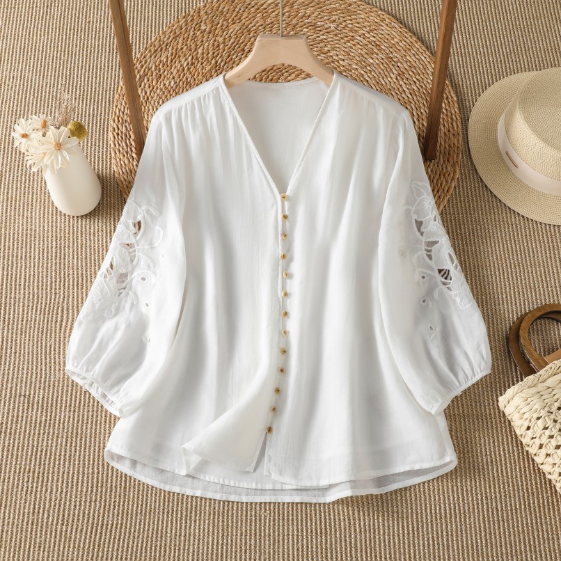 Embroidery Cardigan - Damska luźna koszulka z bawełny i