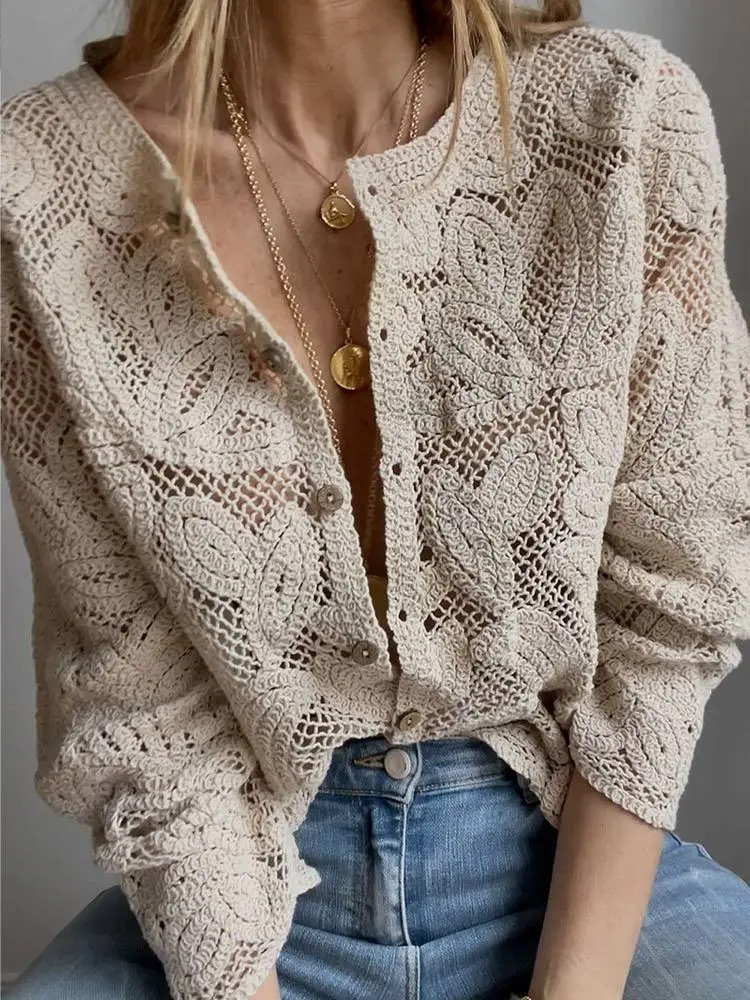 Embroidery Cardigan - Damskie bluzki szydełkowe zapinane na guziki,