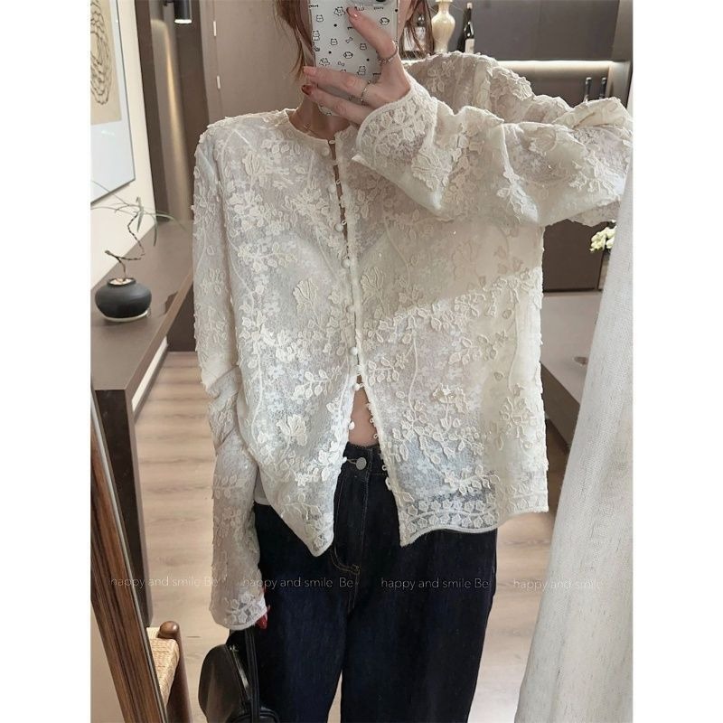 Embroidery Cardigan - Koszula z haftowaną, trójwymiarową koronką, francuski