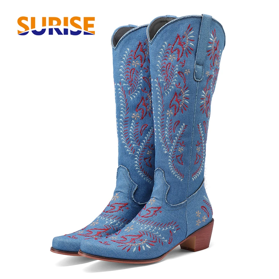 Embroidery Flower - Niebieskie dżinsy Western Cowgirl Knee High